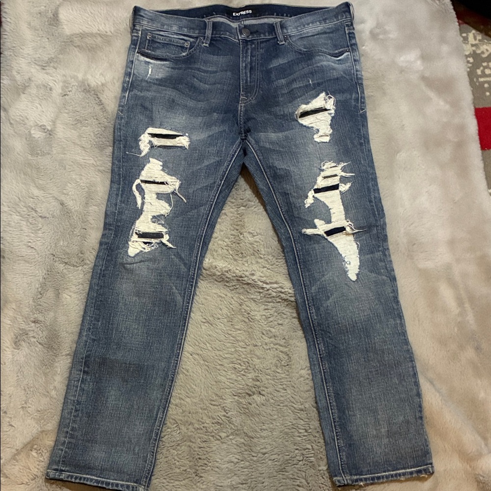 Express Men's Ripped Blue Skinny Jeans